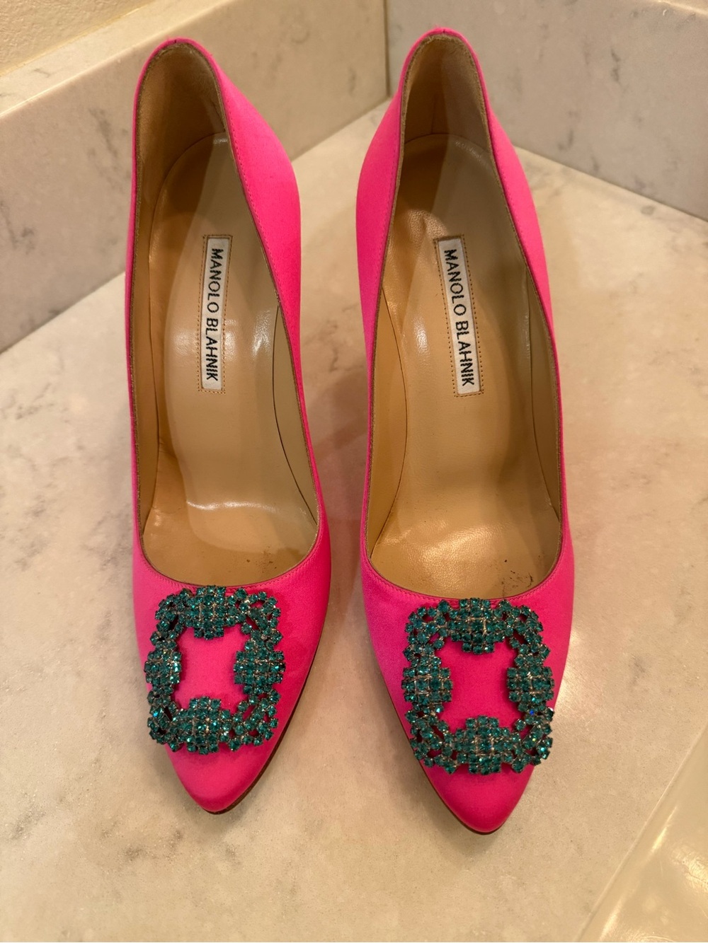 Manolo Blahnik Pink Satin Hangisi Blue Crystal-Embellished Pump